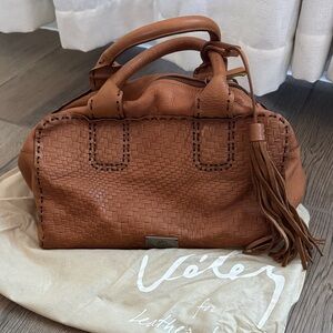 Tan Leather Satchel with Woven Design
